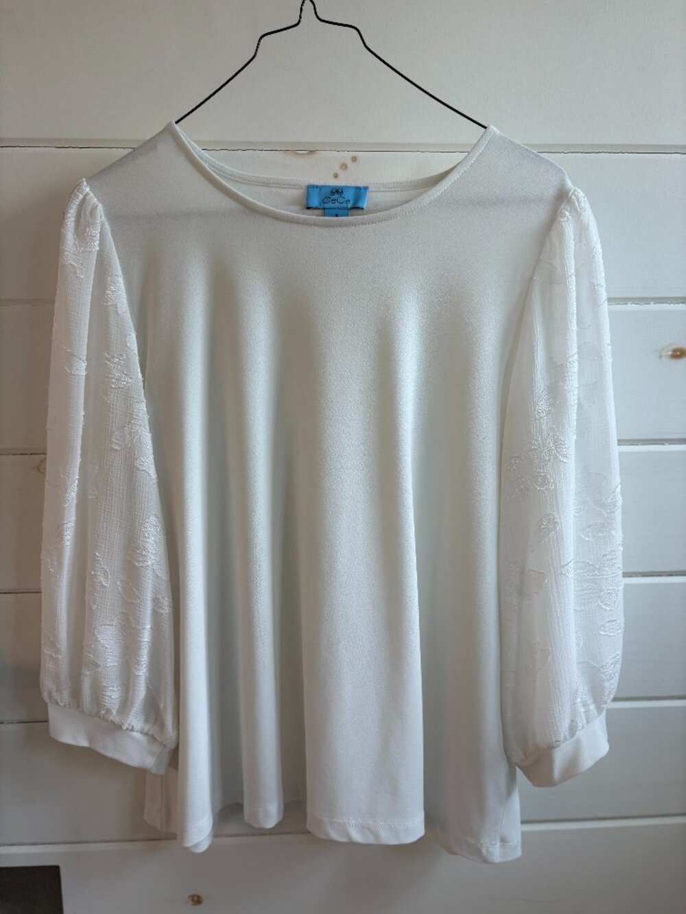 CeCe White Blouse Small Sheer Sleeve Embroidered Puff Sleeve Top